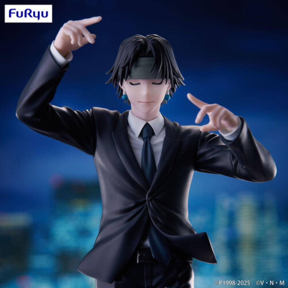Anime-style male figure in a black suit posing with raised hands against a blurred city background