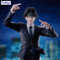 Anime-style male figure in a black suit posing with raised hands against a blurred city background