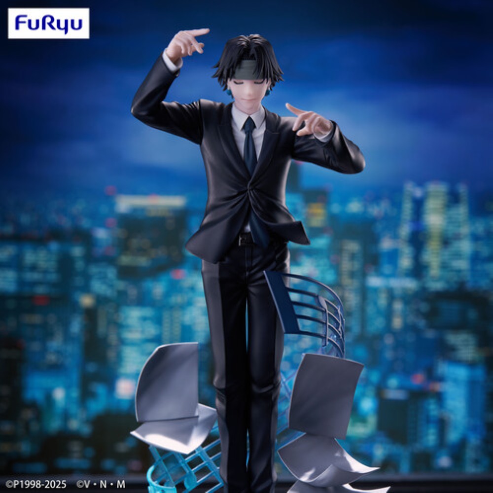 Anime style figure in a black suit posed against a blue city skyline with chairs nearby