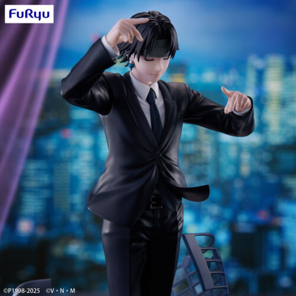 Anime-style male character in a black suit posing before a blurred city skyline, with FurYu logo