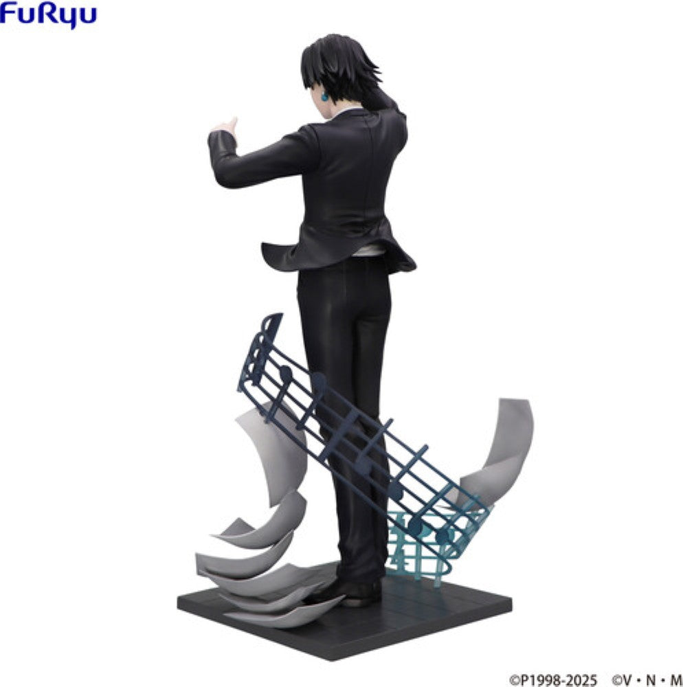 Black-haired anime character figure in a black suit on a sculpted swirling display base