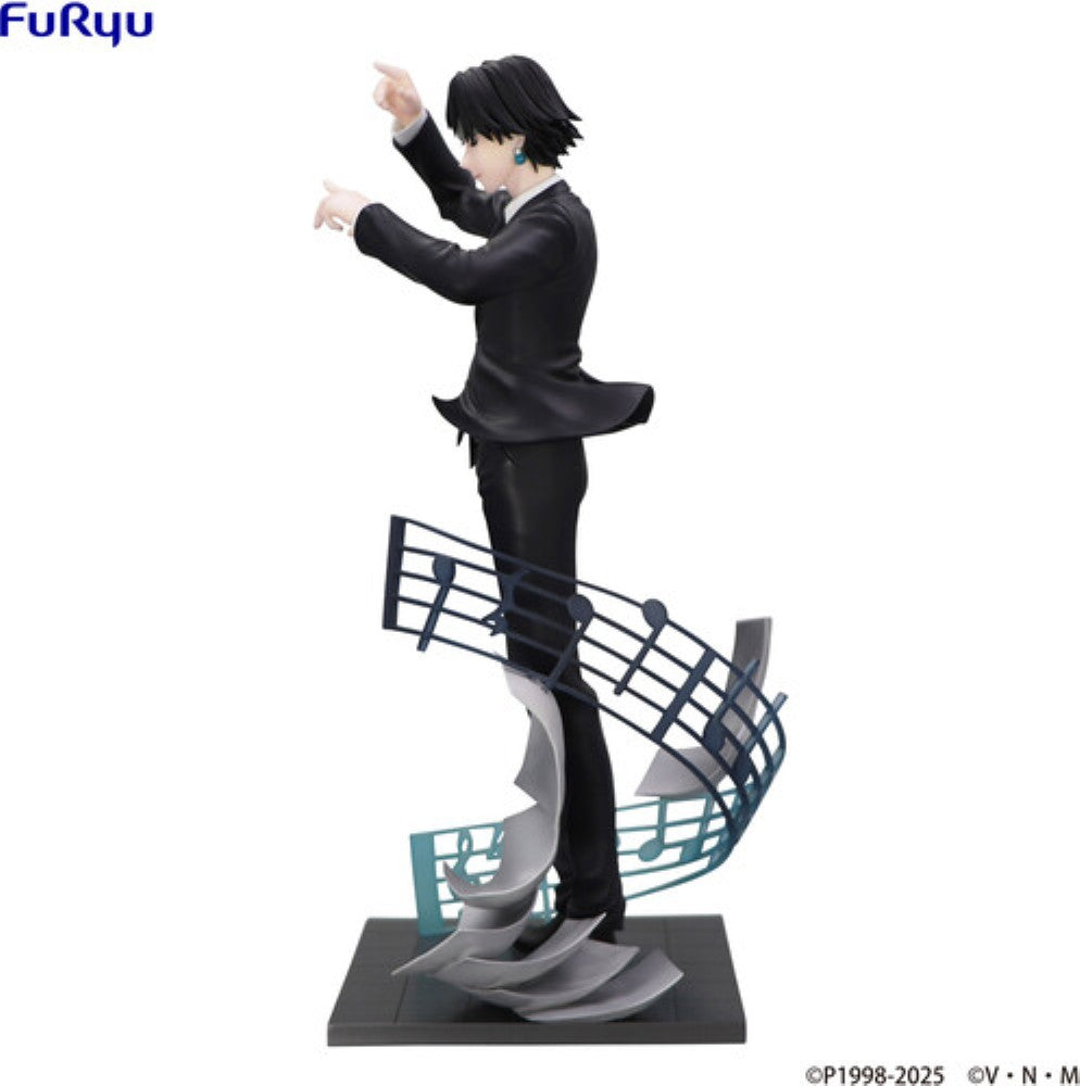 Black-haired anime figure in a black suit posed with raised hands above a musical staff display base