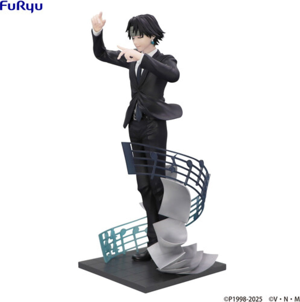 Anime-style male figure in a black suit standing on a sculptural shopping basket display base