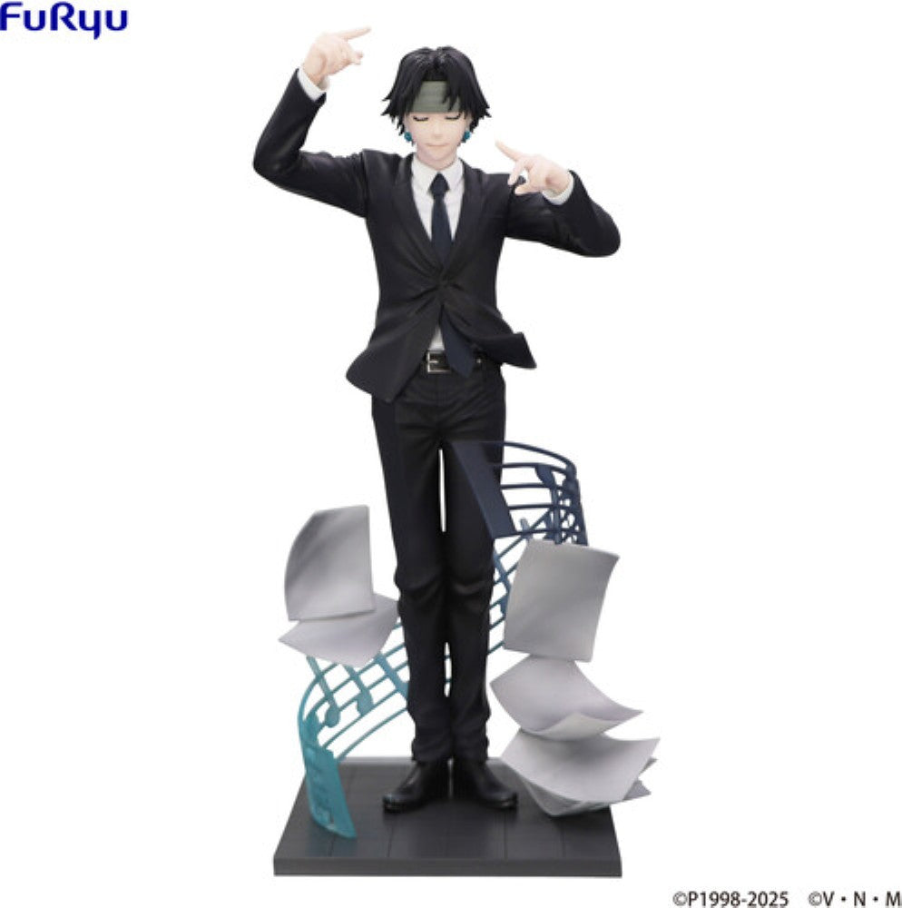 Anime style male figure in a black suit standing on a base with abstract blue and gray shapes