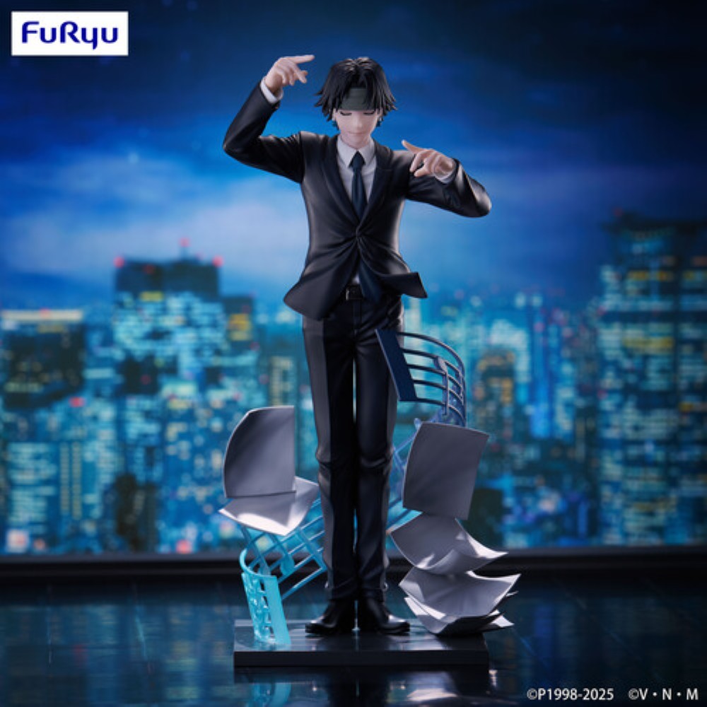 Black-suited anime-style figure posed before a blurred city skyline at night