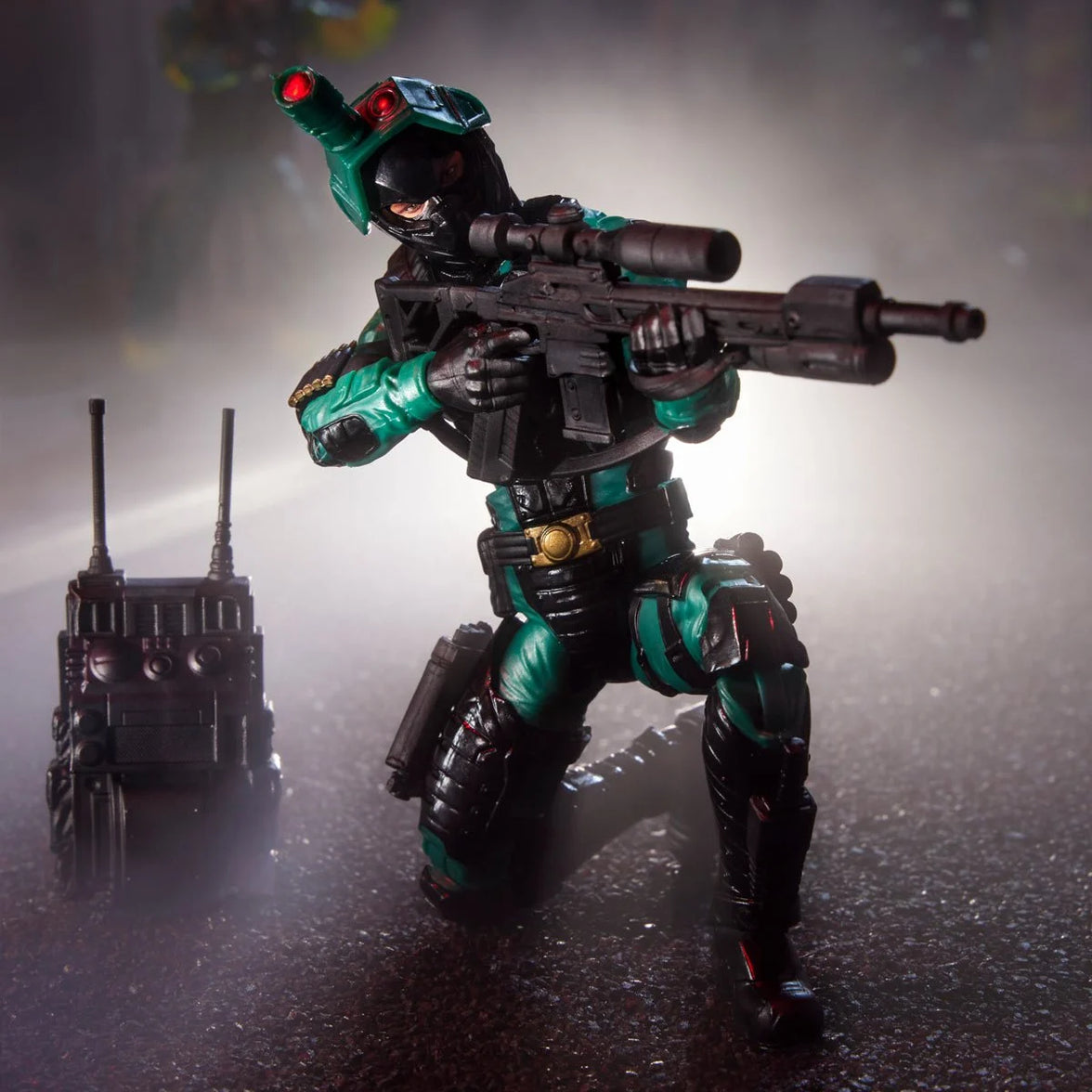 Night-Viper "187" G.I. Joe Classified Series 6 inch COBRA Action Figure by Hasbro posed with rifle and radio gear.