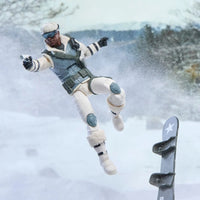 Action figure in white winter gear airborne beside a ski in a snowy mountain setting