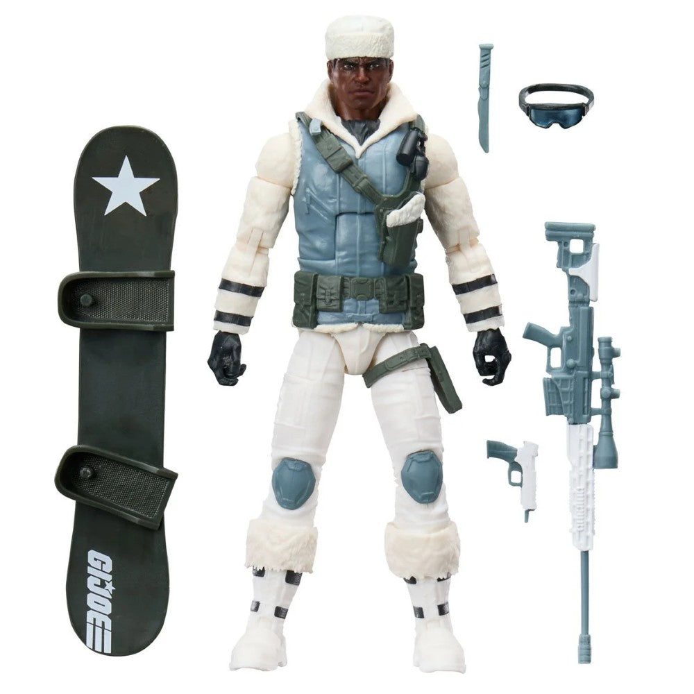 Snow gear action figure with snowboard, rifle, goggles, and accessories