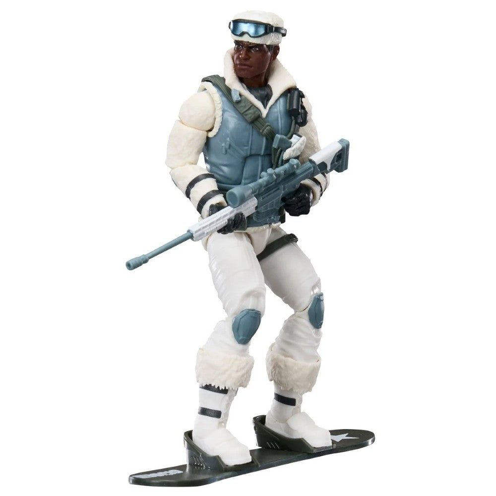 Action figure in winter gear holding a rifle while standing on skis