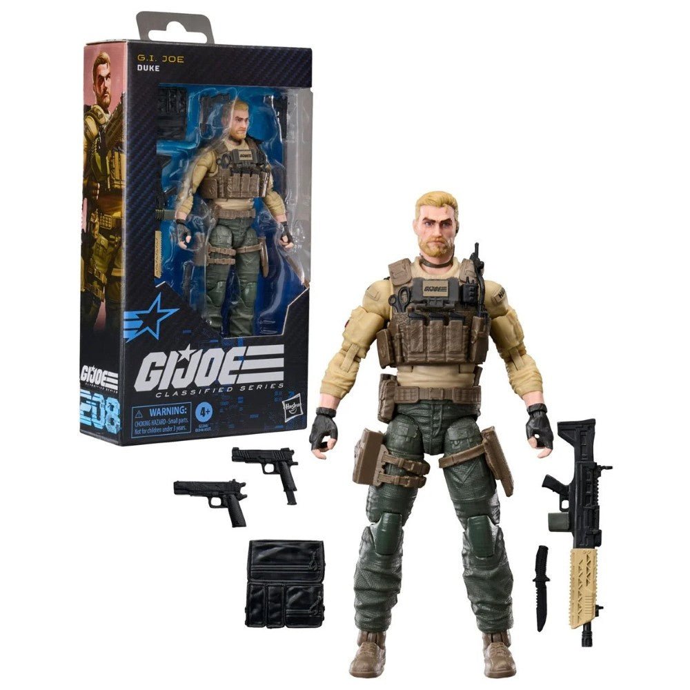 Military-style action figure with weapons, accessories, and G I Joe packaging
