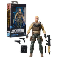 Military-style action figure with weapons, accessories, and G I Joe packaging