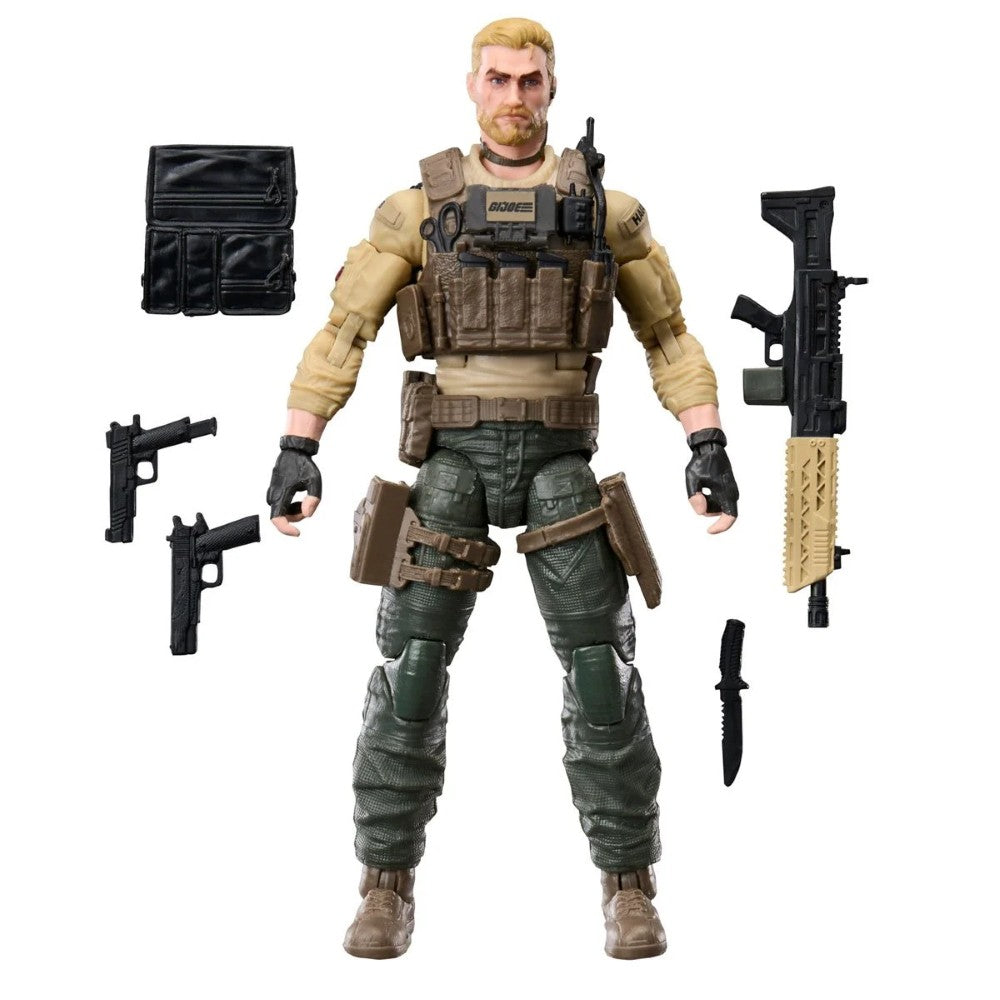 Military action figure with tactical gear, rifle, pistols, knife, and removable pouch against a white background