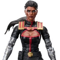 Female action figure in a black and red outfit with silver armored forearms and swept back dark hair