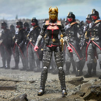 Female warrior action figure standing before a formation of armored figures on rocky terrain