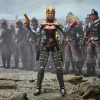 Black armored female action figure holding a sword and fan before a line of soldiers