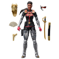 Female action figure in black and silver armor with red accents, mask, sword, pistol, flag, and other accessories