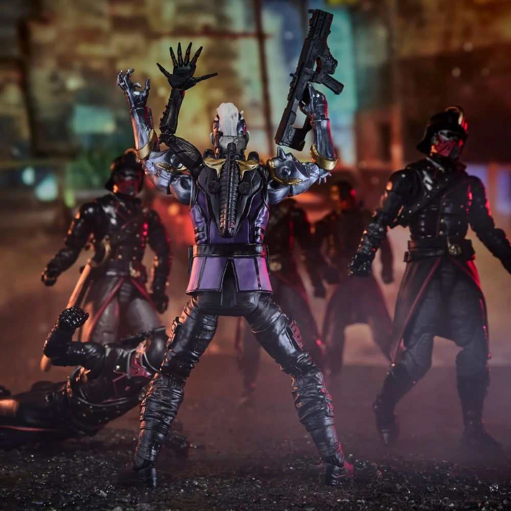 Darkly armored action figures posed in a smoky urban scene, with a central figure raising both arms