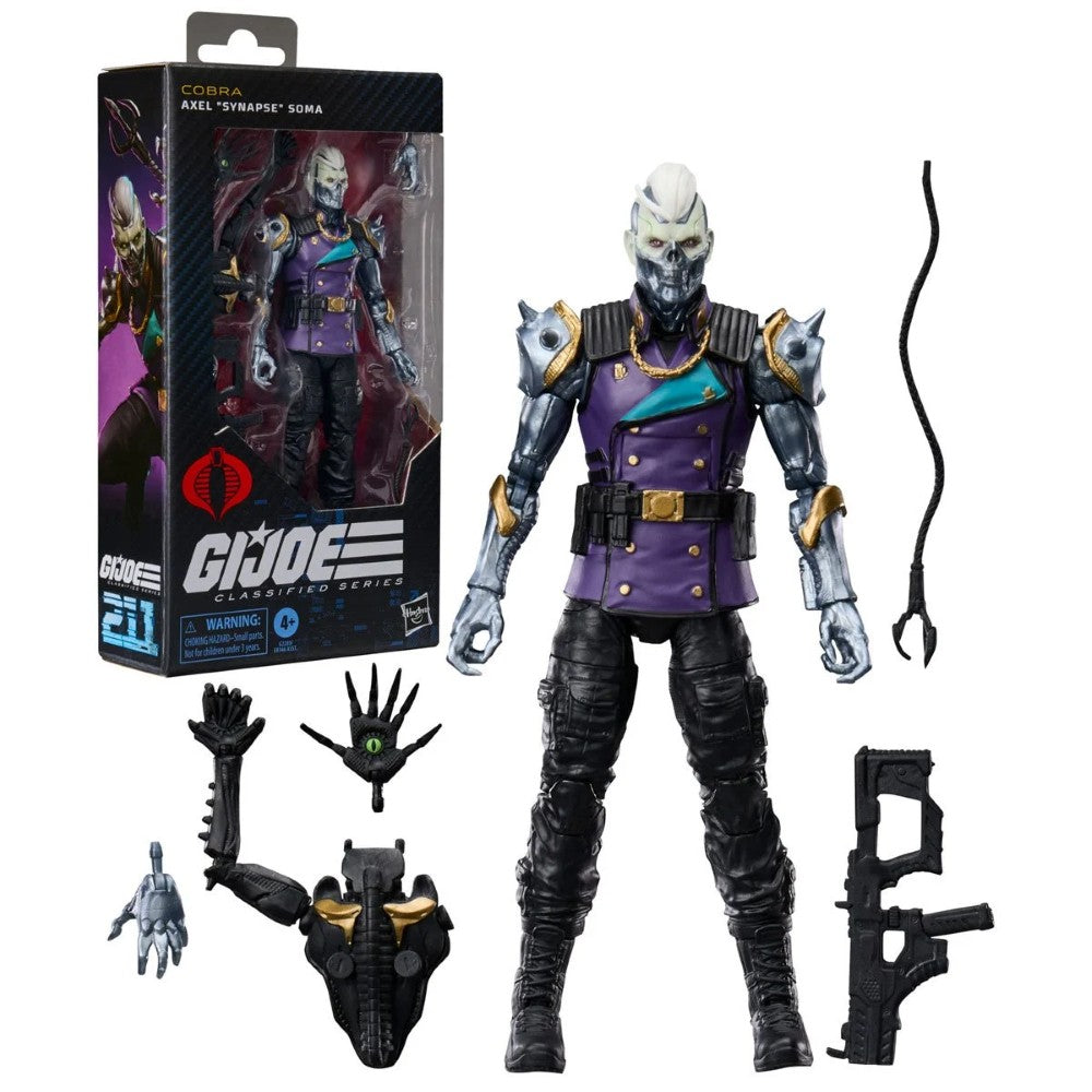 Cobra G I Joe action figure with alternate hands weapons and accessories beside its box