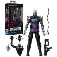 Cobra G I Joe action figure with alternate hands weapons and accessories beside its box