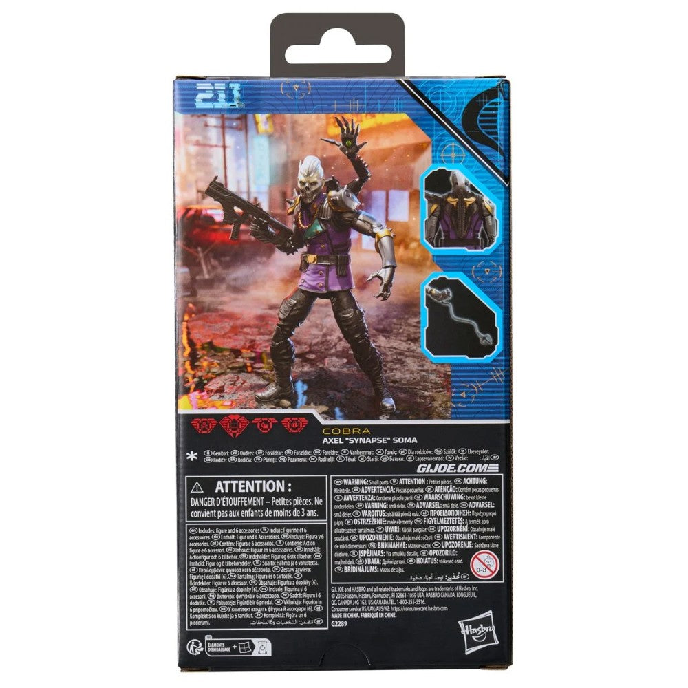 Back of a GI Joe action figure package featuring a Cobra character, accessory images, and warning text