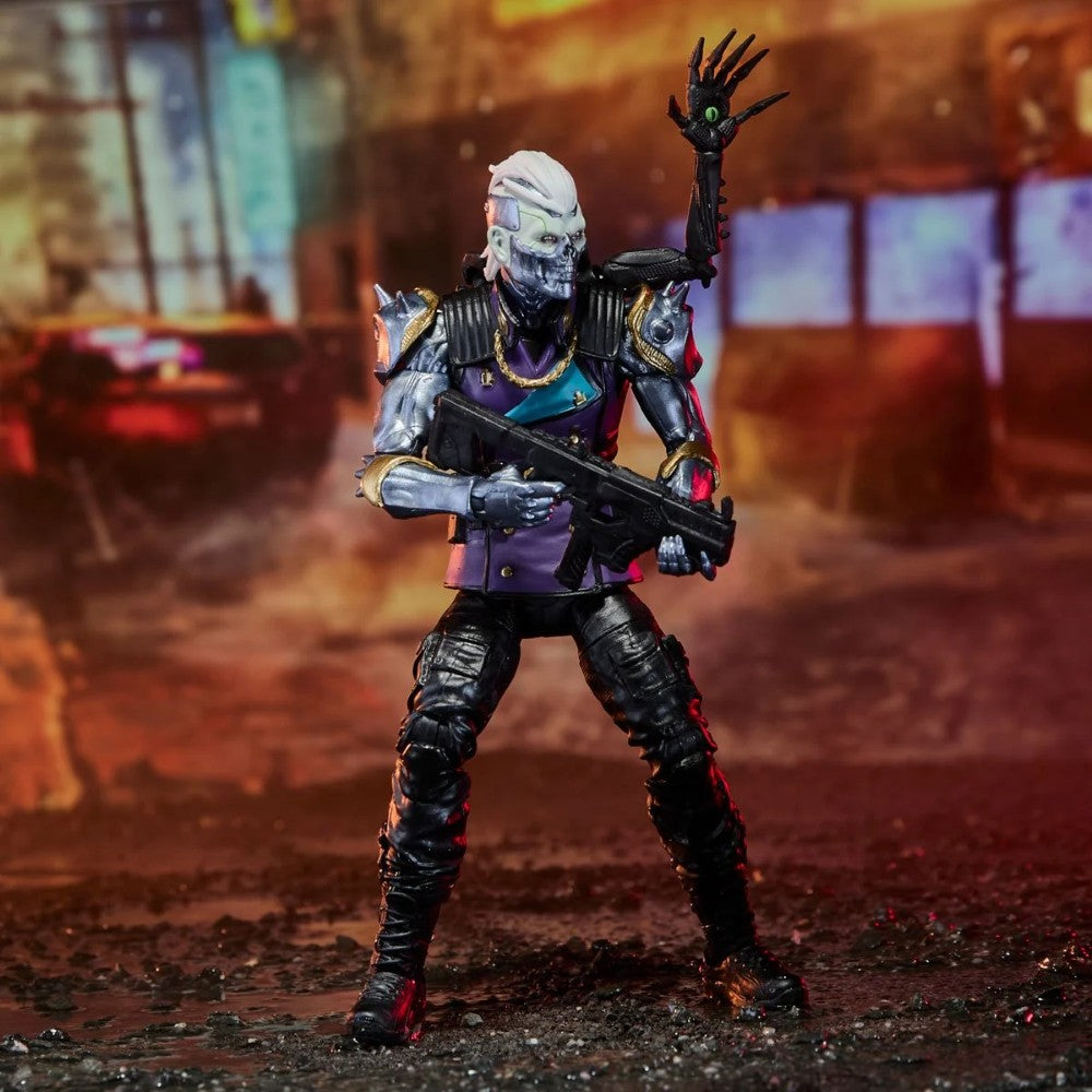 Dark armored action figure with white hair holding a rifle in a ruined industrial setting