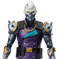 Armored action figure with a skull mask, white mohawk, purple uniform, and spiked shoulder armor