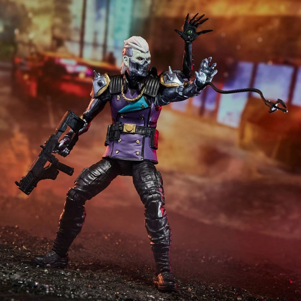 Skull-faced armored figure with white hair, purple vest, rifle, and a clawed tentacle in a city setting