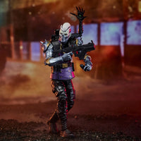 Armored action figure with a white mask holding a rifle in a dramatic urban setting