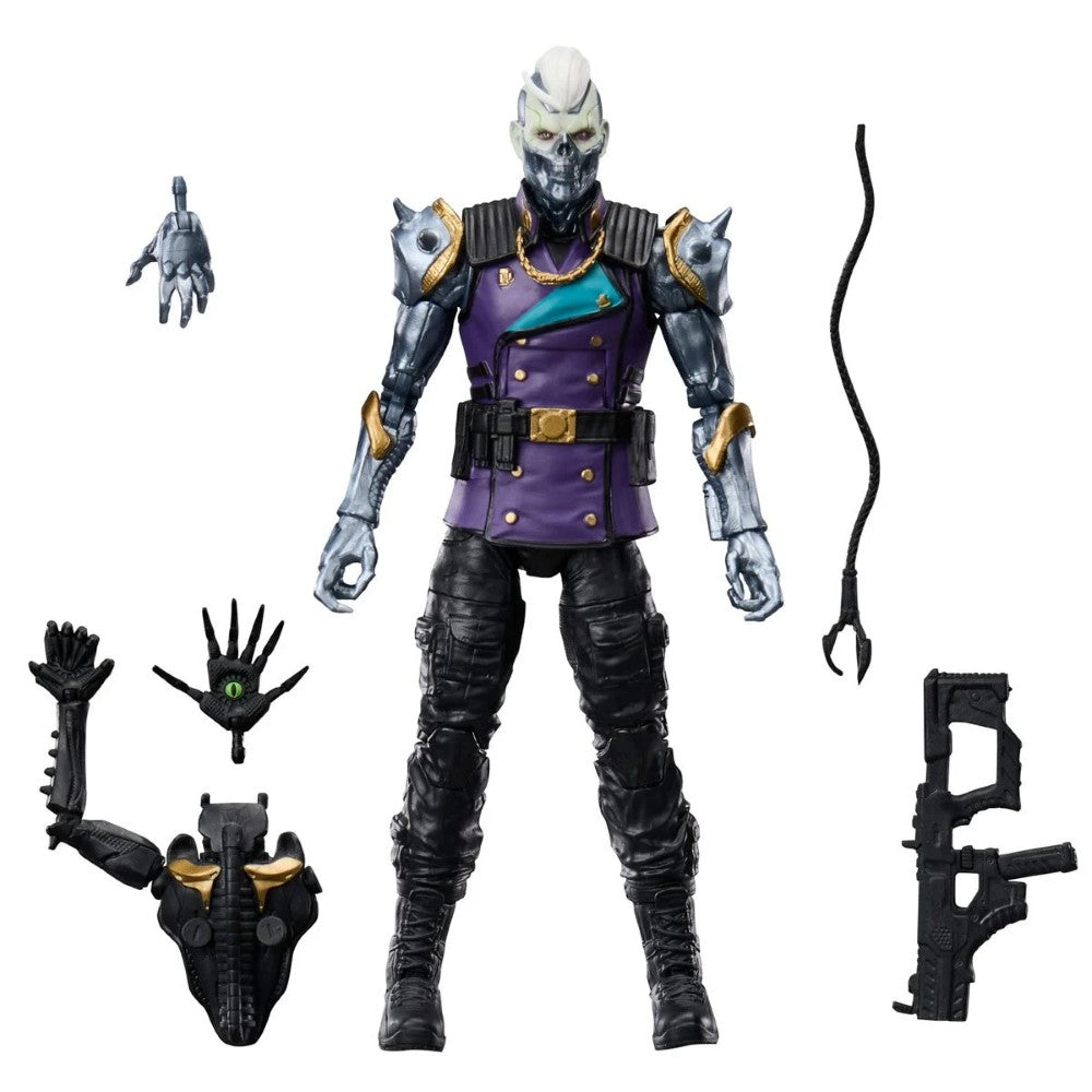 Purple armored action figure with skull like face, interchangeable hands and weapons