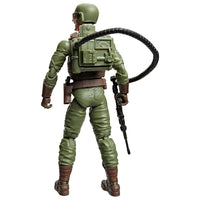 Green military-style figure viewed from behind, wearing a helmet and backpack with a hose and rifle