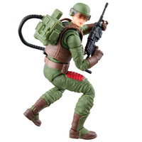 Green military action figure jumping with a rifle, backpack, helmet, and detailed combat gear on a white background