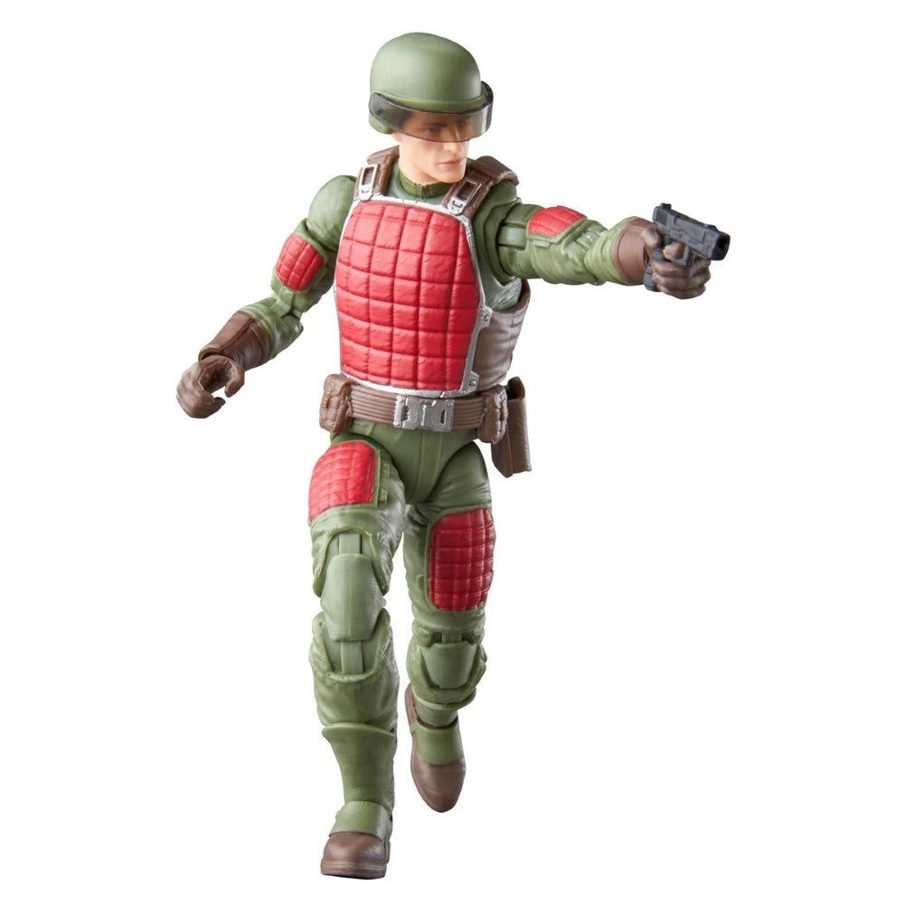 Green armored action figure holding a pistol, wearing a helmet and red protective pads
