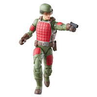 Green armored action figure holding a pistol, wearing a helmet and red protective pads