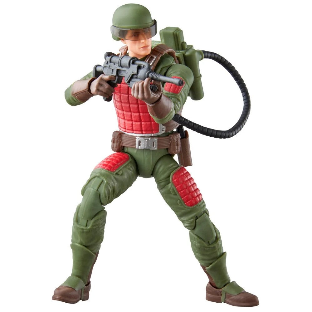 Military action figure in green armor with red pads, helmet, backpack hose, and blaster