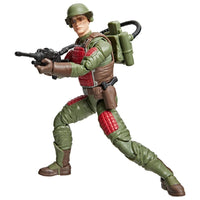 Green-clad soldier action figure holding a rifle and wearing a helmet, body armor, and backpack