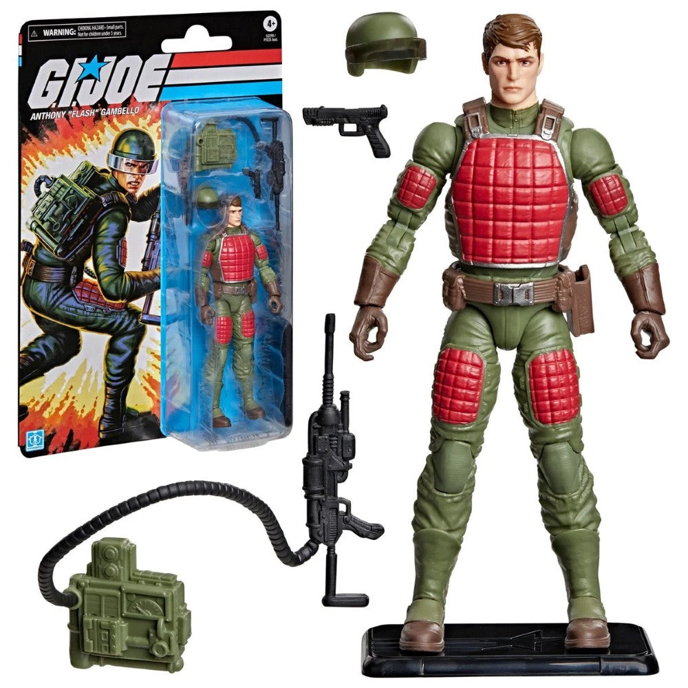 G I Joe action figure in green and red armor with packaging, helmet, rifle, pistol, and radio accessory