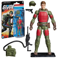 G I Joe action figure in green and red armor with packaging, helmet, rifle, pistol, and radio accessory