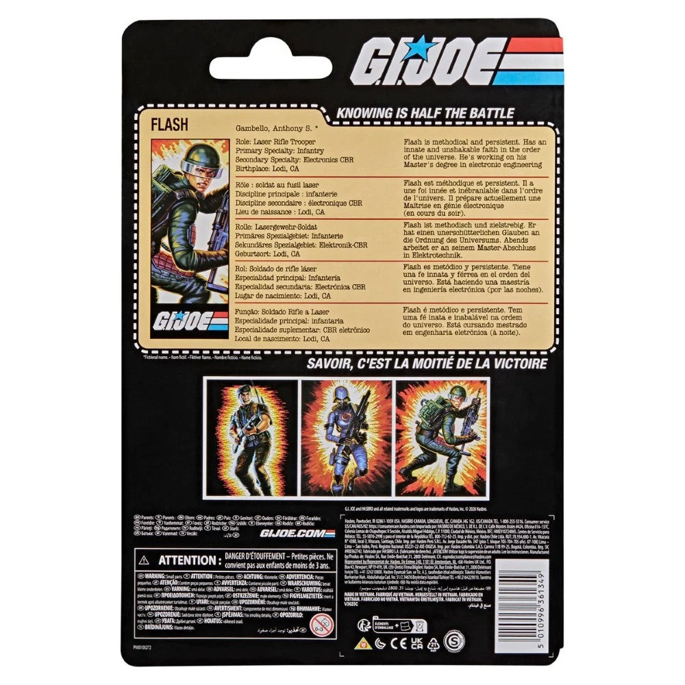 Back of G I Joe Flash packaging with character artwork, multilingual text, safety warnings, and a barcode