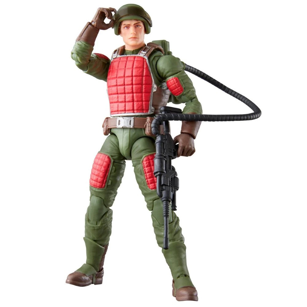 Action figure in green armor with red protective pads, helmet, rifle, and coiled hose