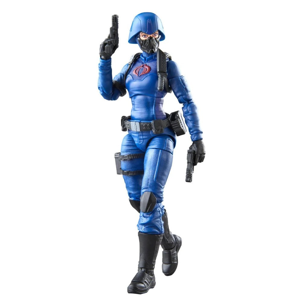 Blue masked action figure in a blue tactical suit holding two guns with a Cobra emblem on the chest