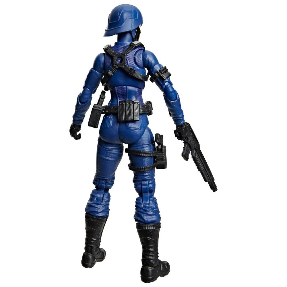 Blue armored action figure viewed from behind holding a black rifle