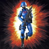 Blue masked military action figure holding a rifle against a red, orange, and yellow burst background
