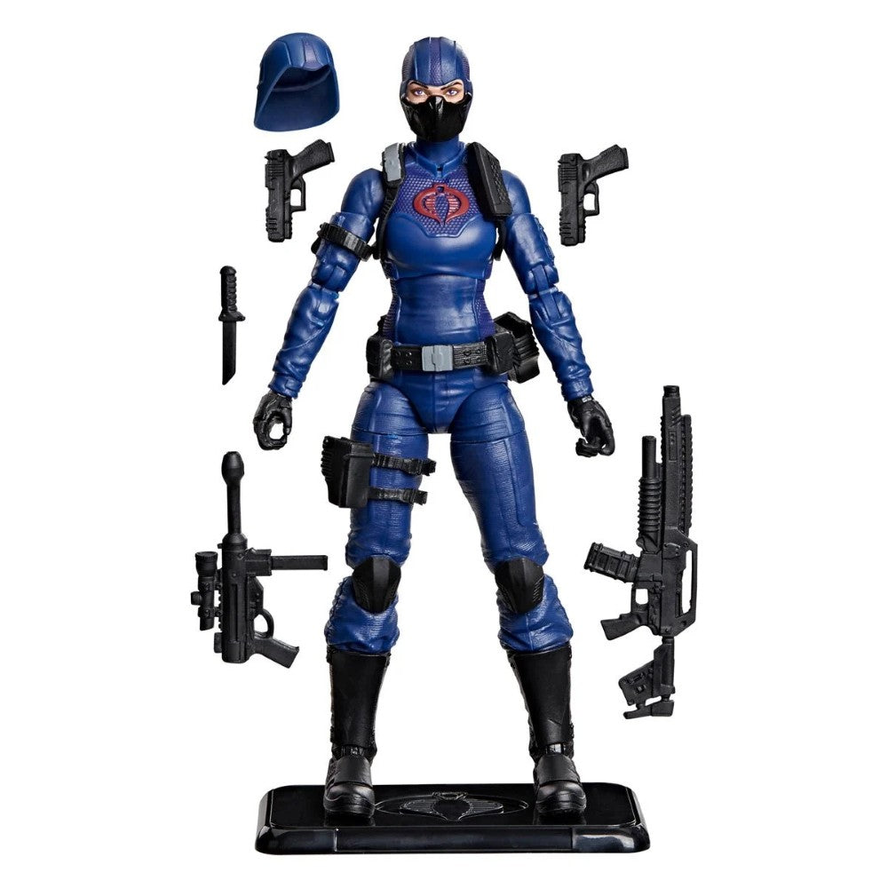 Blue masked action figure on a display stand with a helmet and multiple weapons