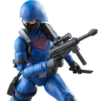 Blue armored masked character holding a scoped rifle and combat knife