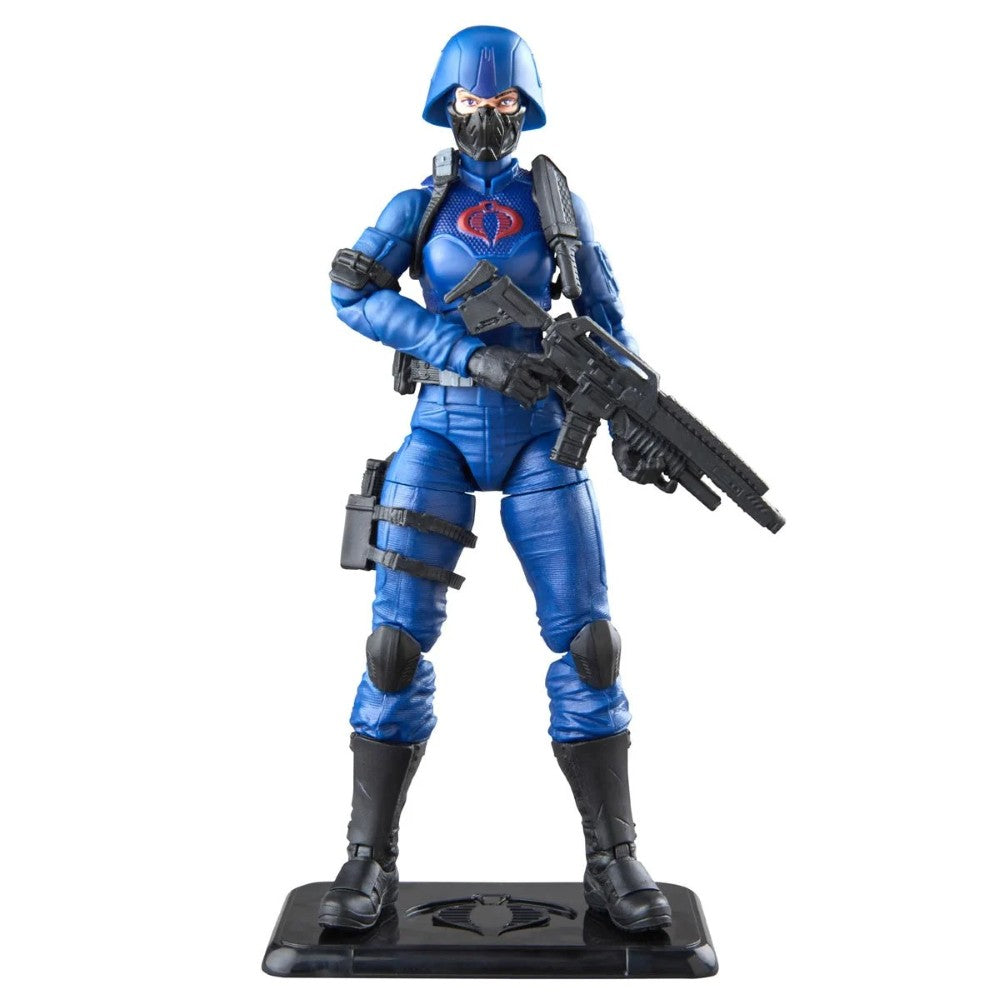 Blue masked military action figure holding a rifle on a display stand