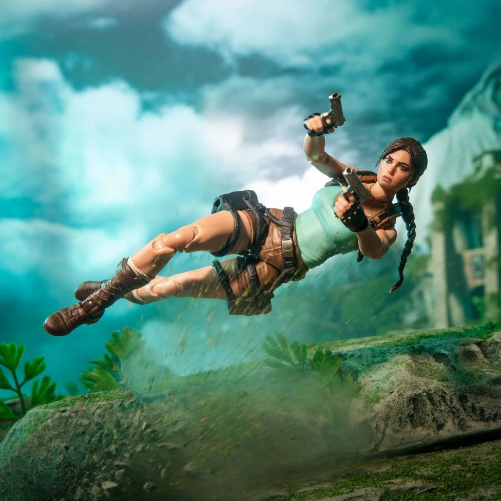 Female adventurer with braided hair leaping over a rocky jungle landscape while holding a pistol