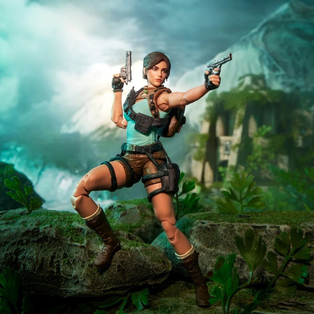 Female adventurer figure holding two pistols in a lush jungle setting