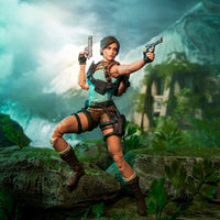 Female adventurer figure holding two pistols in a lush jungle setting