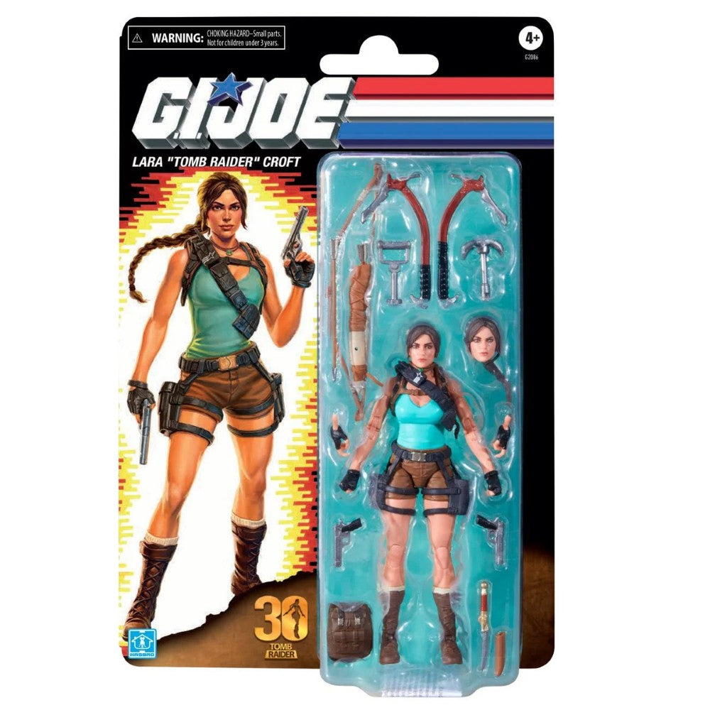 GI Joe Lara Croft Tomb Raider action figure package with alternate head and accessories