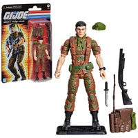 GI Joe action figure in camouflage uniform with rifle, backpack, helmet, and card packaging